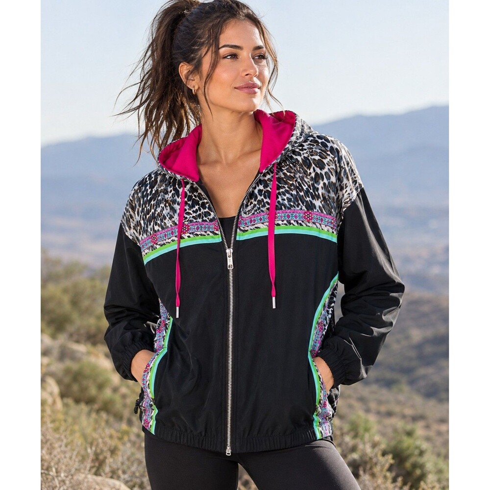 Johnny Was Active Windbreaker Jacket Women S Leopard Hooded Full Zip Pockets